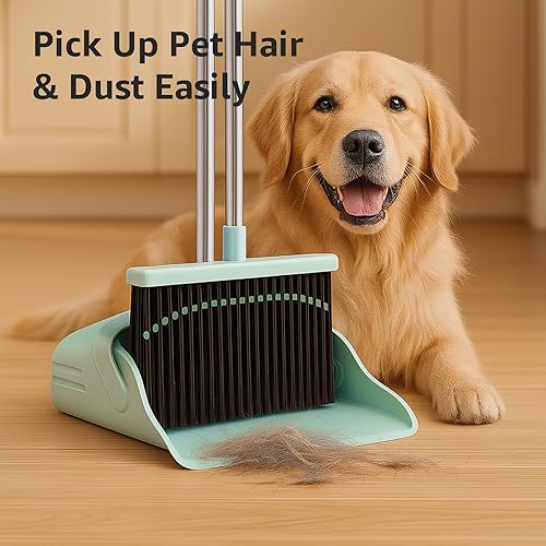 Miniatura 3 de Juego combinado de escoba con recogedor  Juego de escoba y recogedor de mango largo de 52 pulgadas con dientes autolimpiantes, bandeja para polvo de