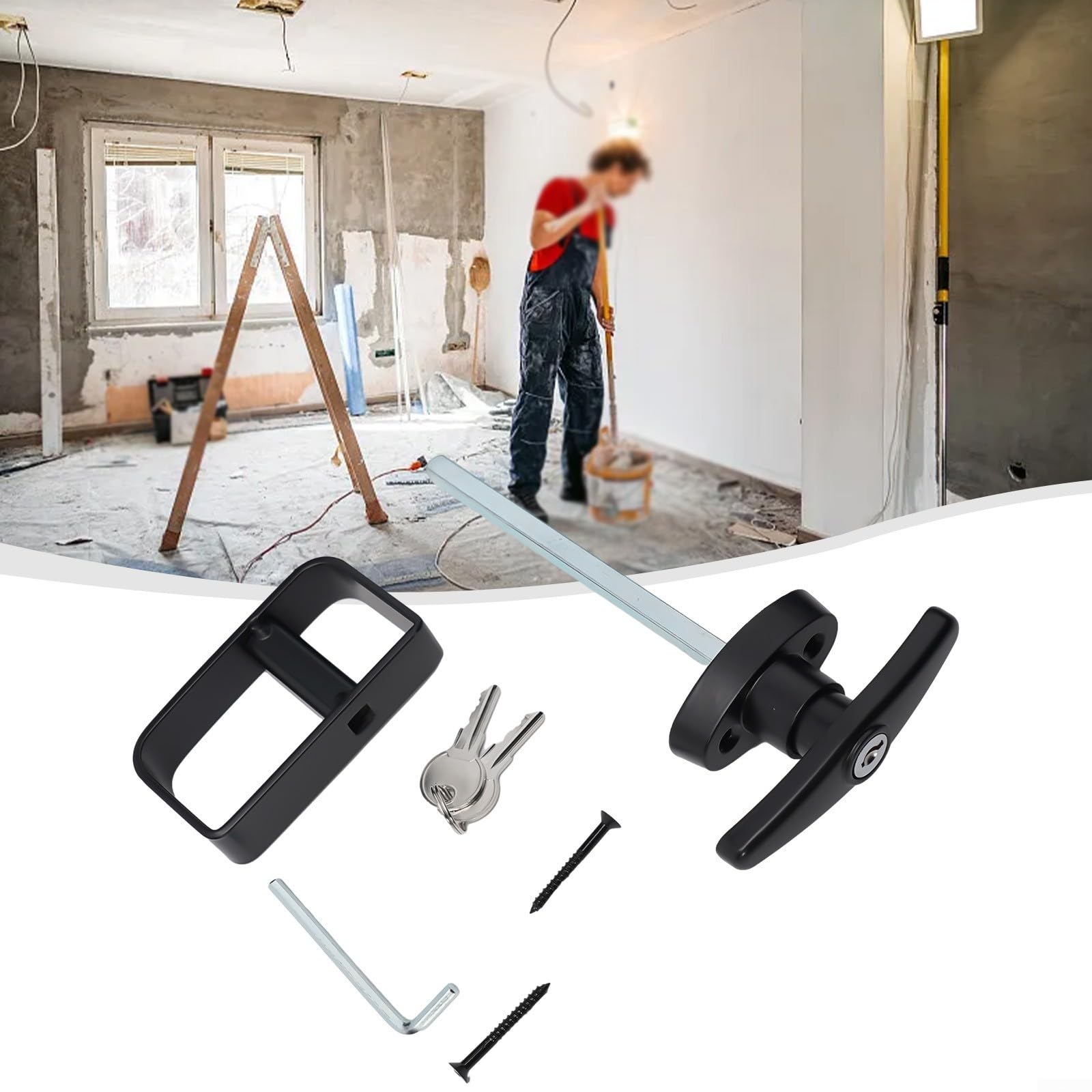 Set di serrature con maniglia a T per porta di capannone, fienile o edificio esterno, struttura in lega di zinco verniciata a polvere nera e ferro con stelo da 14 cm, include maniglia a D interna,