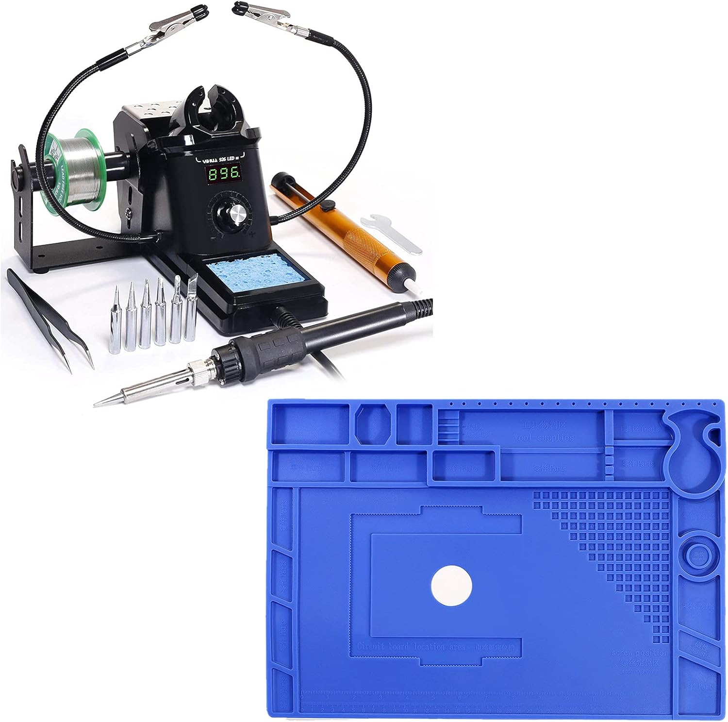 YIHUA 926 III Digital Soldering Iron Station (black) bundle with 17.32" x 12.20" M180 Electronic Repair Mat Bundle with Iron holder, Soldering Cleaning Kit and Accessories (13 Items)