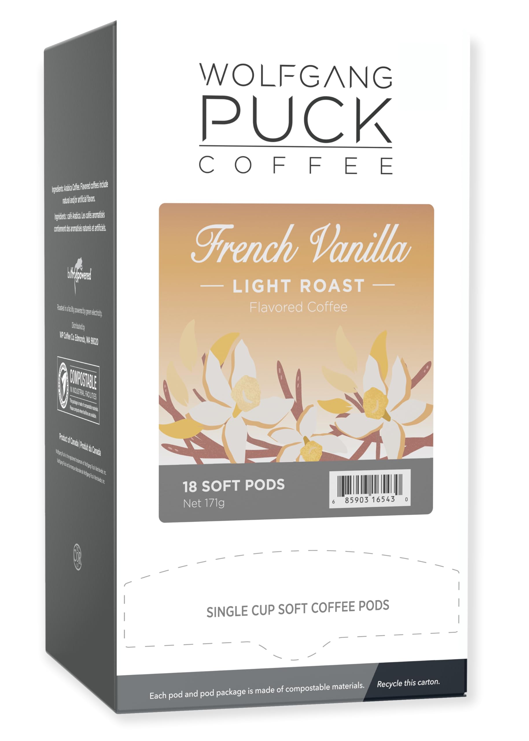 Wolfgang Puck Coffee, French Vanilla Coffee, 9.5 Gram Pods, 18 Count (WGP016443)