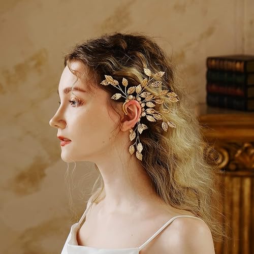 Miniatura 2 de Puño de Oreja de Elfo Hada Individual Izquierdo Hecho a Mano Sin Perforación Arete para Mujeres (Hojas Doradas)