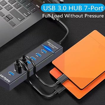 USB 3.0 SuperSpeed 7-Port Hub, High-Speed Data Transfer and Sync for Multiple Devices, Compatible with Laptop, PC, MacBook, iMac, Surface Pro, Windows/Mac/Linux, Bus-Powered, Plug and Play
