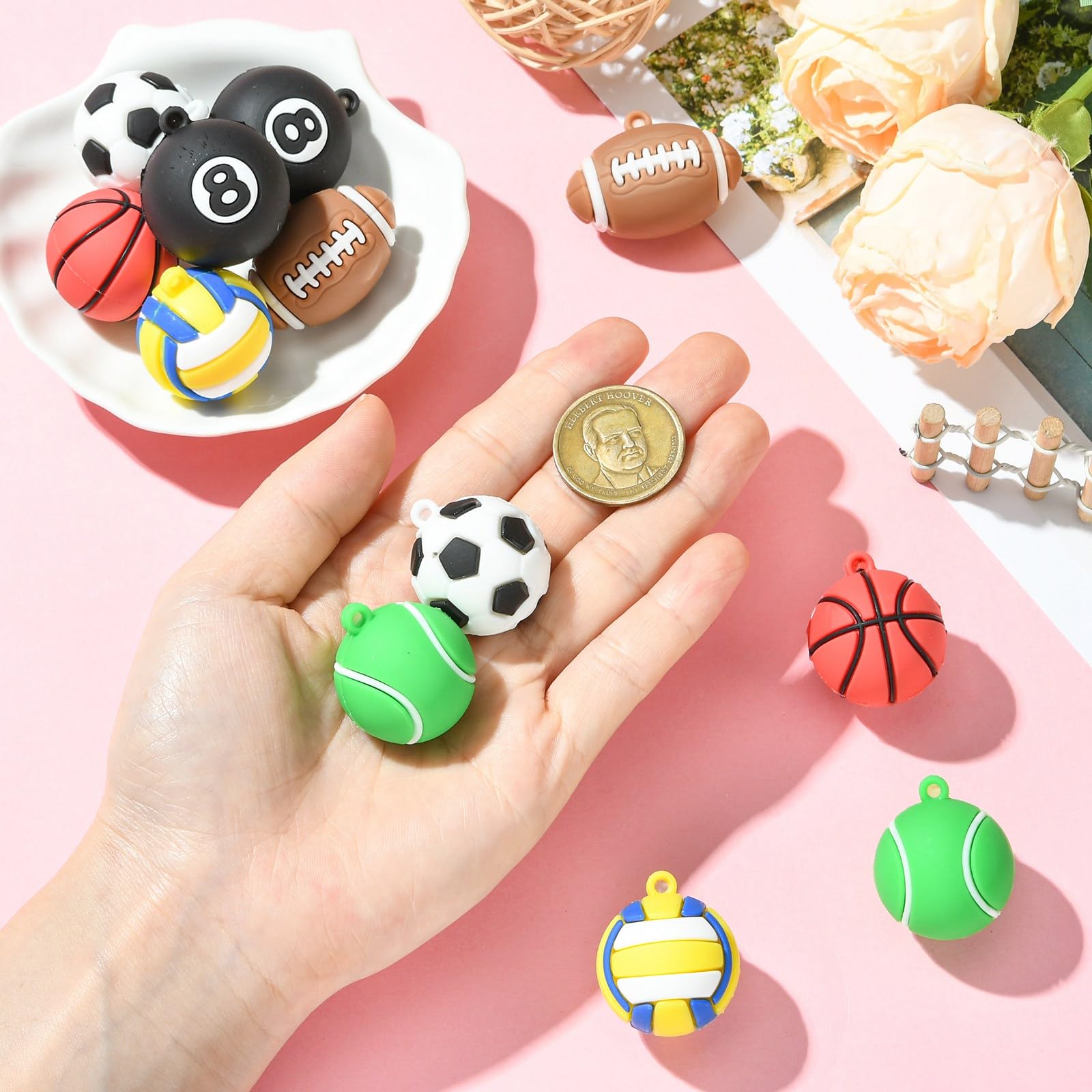 Stiesy 12Pcs Sport Ball Charms Basketball Football Charm Bulk 3D Ball Volleyball Rugby Tennis Pendant for Jewellery Making Crafts DIY Bracelets Necklace Earring - Image 4