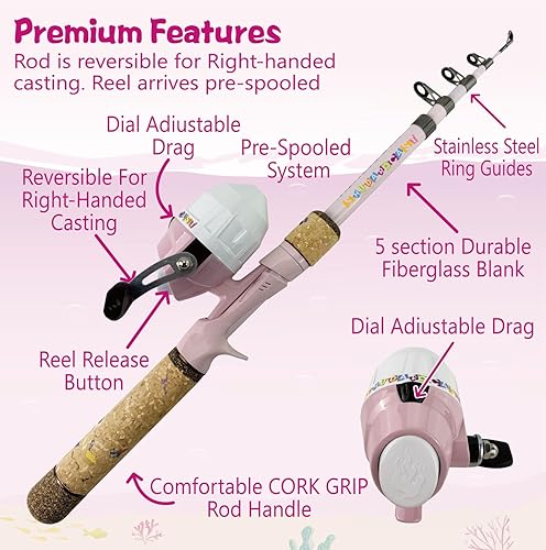 Miniatura 2 de Juego de caña de pescar para niños, caña de pescar y carrete para niños con red de pesca, caja de aparejos con señuelos, anzuelos y bolsa para niñas