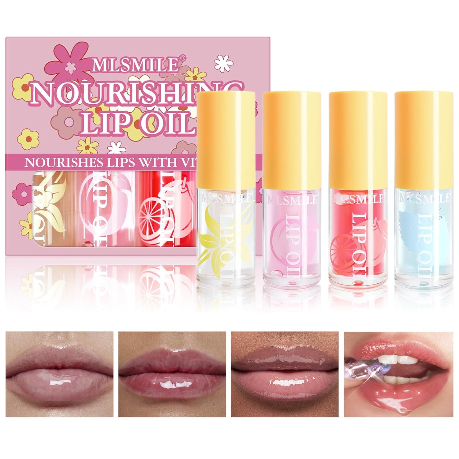 Hydrating Lip Oil,4PCS Fruit Transparent Lip Gloss Set,Big Brush Shiny Transparent Korean Lip Gloss Plumping,Non-sticky Tinted Toot Lip Balm for Lip Care,Repairing Primer Lip Oil Care Product