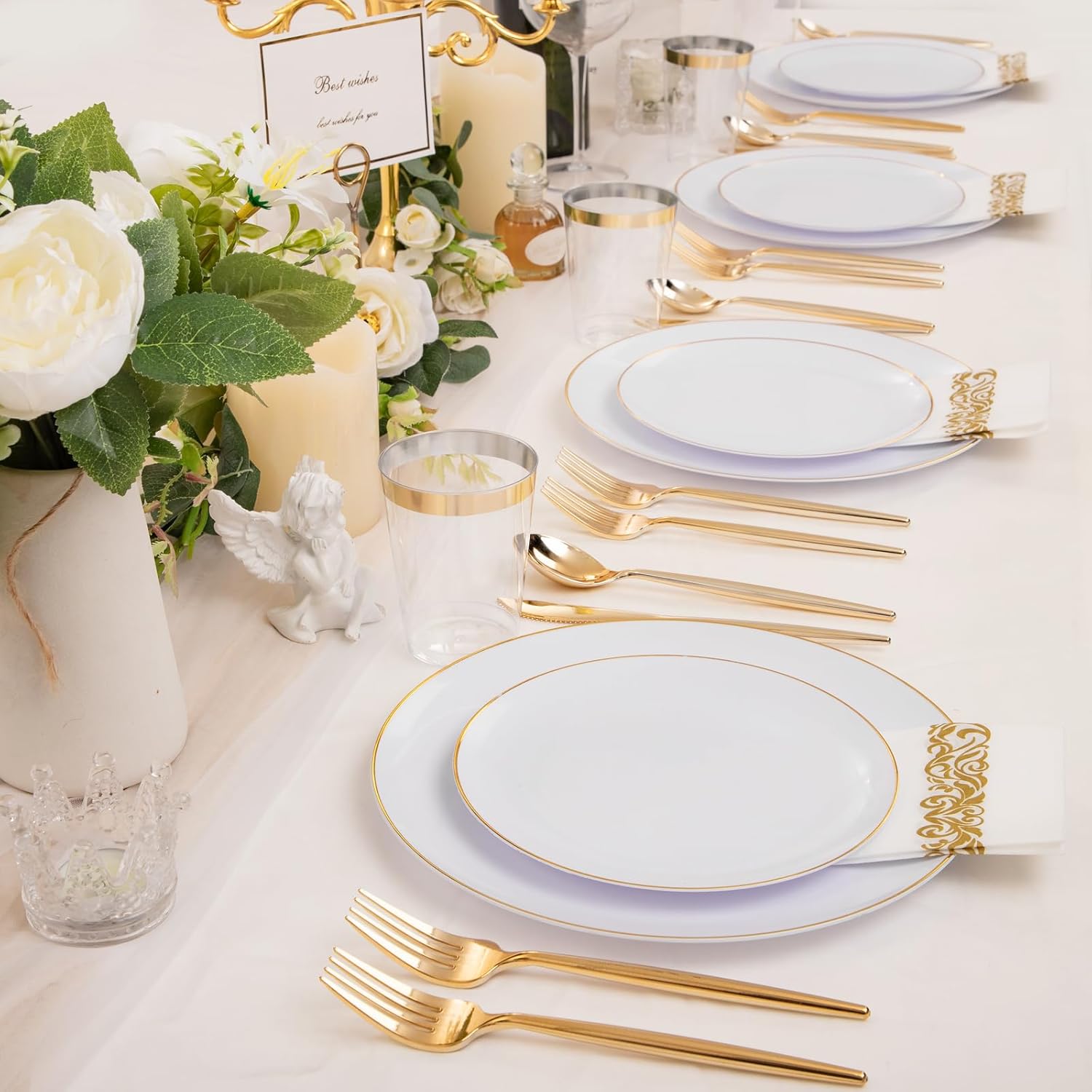 MirthMood 210Pcs Disposable Plastic Plates Set, Gold and White Plastic Party Plates, Includes:30 Dinner Plates, 30 Dessert Dinnerware, 30 Cups, 30 Napkin Cutlery for Spring Wedding,Birthday Party - Image 7