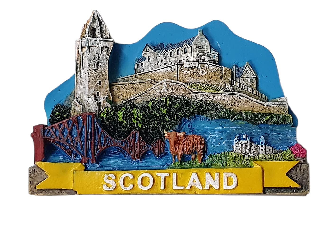 Thomas Benacci Blue Scotland Collage Fridge Magnet - Edinburgh Castle/National Wallace Monument Stirling/Highland Cattle/Forth Bridge/Scottish Cattle/Souvenir