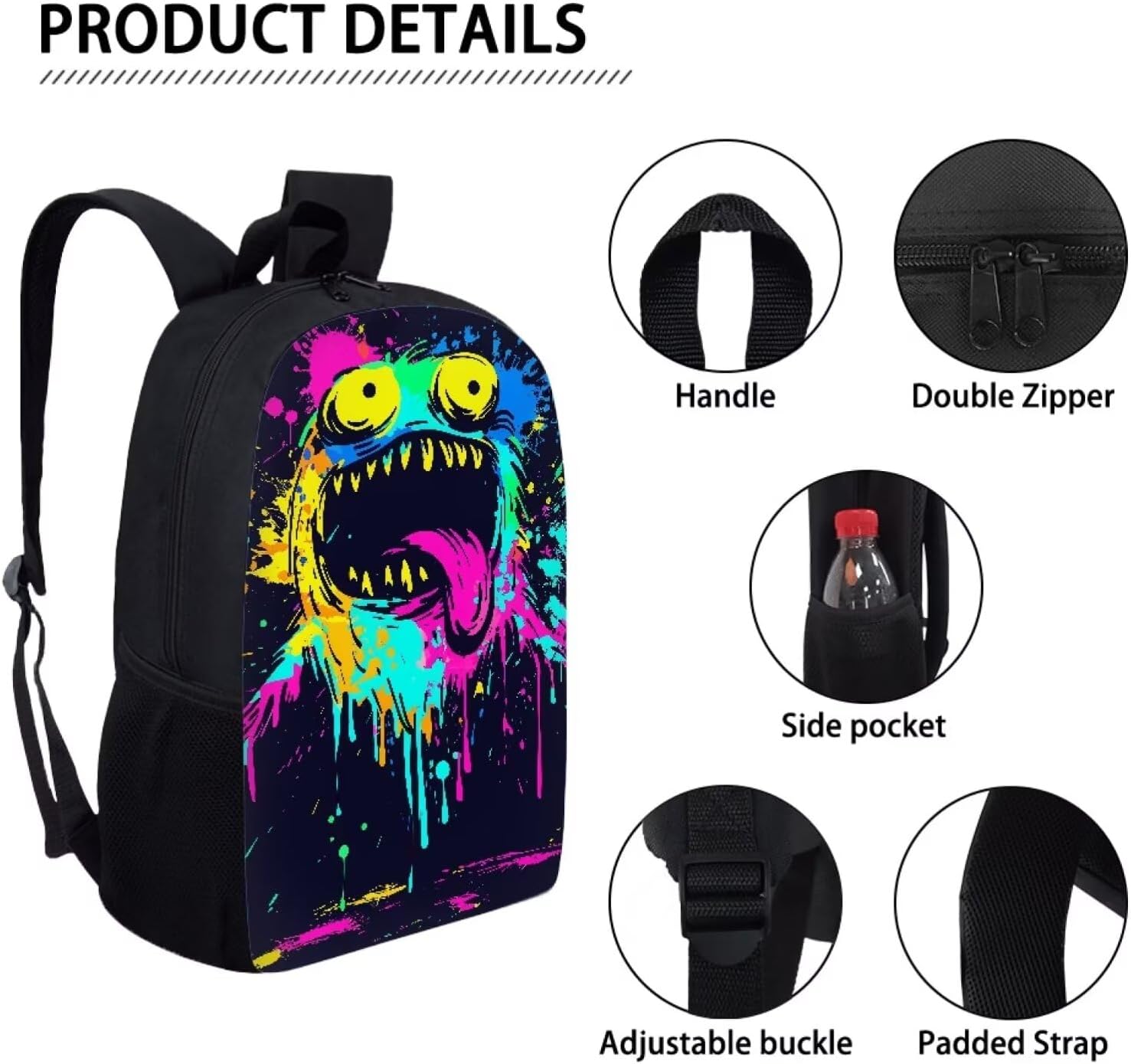 Bulopur Watercolor Monster Printed Boy Girl Bag Set 3 In 1, Including Waterproof Student Backpack Lunch Box Handbag Pen Case Purse for School