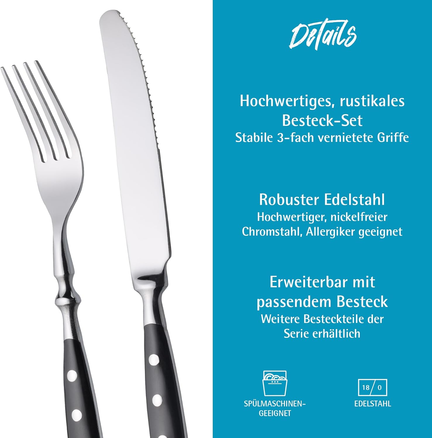 GRÄWE cutlery set for 6 persons made of stainless steel, Heavy, Rustic, Table cutlery set 30 pieces, Forged cutlery with black handles - Nuremberg series