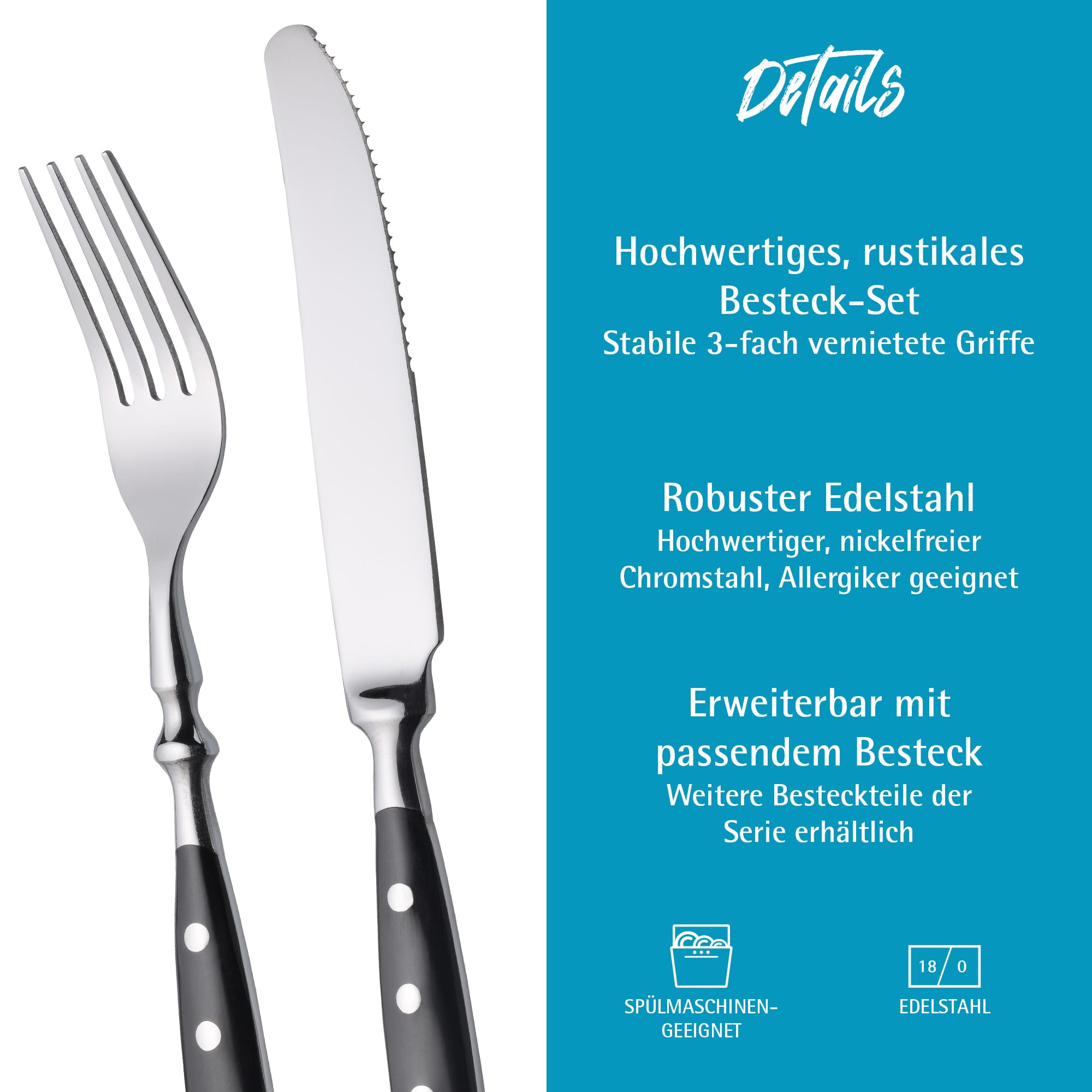 GRÄWE Set Di Posate Norimberga 36 Pezzi Per 6 Persone, Acciaio Inox Con Manico Nero, Stile Rustico Pesante, Lavabile In Lavastoviglie - 4