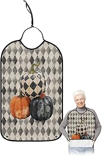 Kewadony Adult Bibs for Elderly Women - Thanksgiving Waterproof Dining Clothing Protectors with Crumb Catcher for Eating/Feeding, Fall Paint Pumpkin Flower Black Grey Plaid Terry Cloth Bib Washable