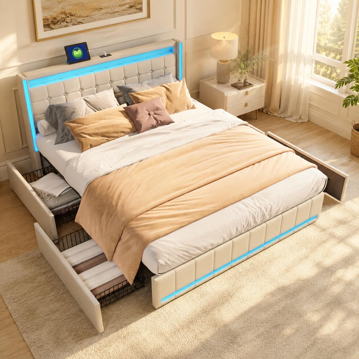 KeepGoon Letto matrimoniale 160 x 200 cm, letto imbottito con luci a LED, 4 cassetti in ferro e una porta di ricarica USB, telaio letto, tessuto di lino (beige)