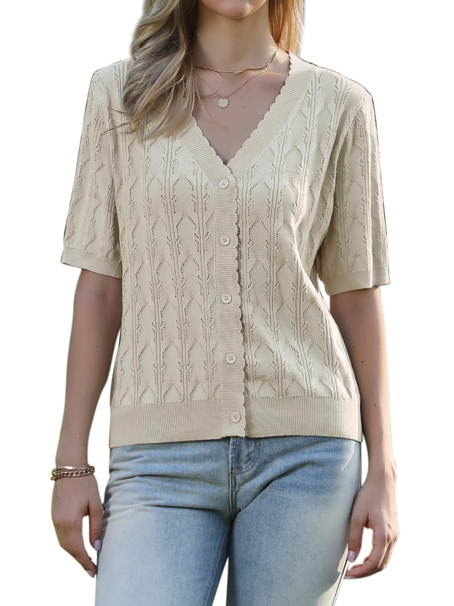 Allegra K Crochet Knit Cardigan for Womens Short Sleeve Open Front Button Bolero Shrugs