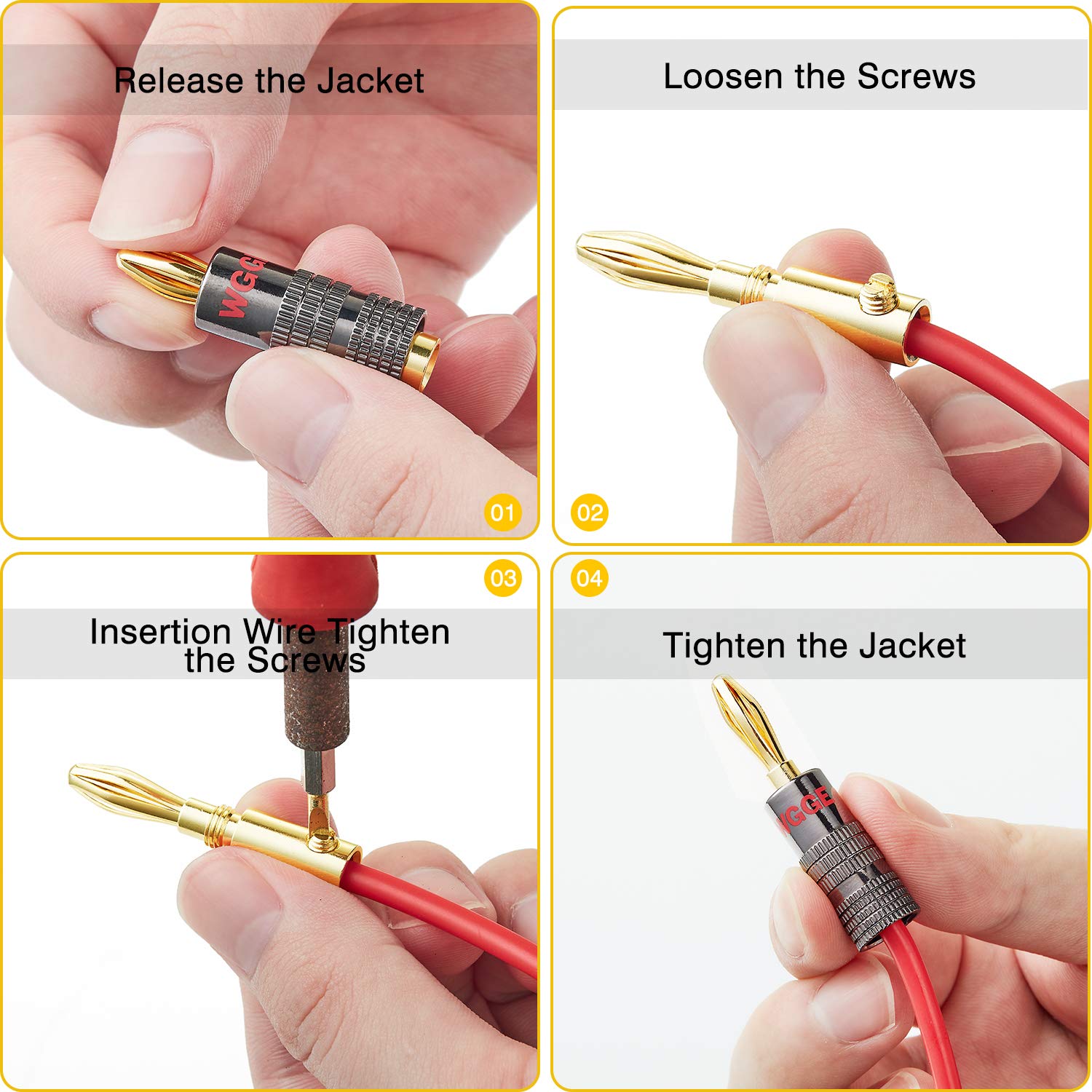 WGGE WG-029 Banana Plugs Audio Jack Connector, 24k Gold Dual Screw Lock Speaker Connector for Speaker Wire, Wall Plate, Home Theater, Audio/Video Receiver, and Sound Systems ((12 Pairs (24 Plugs))) - Image 6