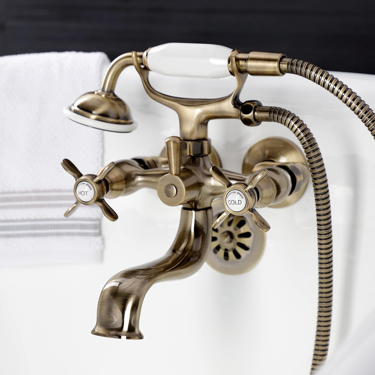 Kingston Brass KS245AB Essex Wall Mount Clawfoot Tub Faucet with Hand Shower, Antique Brass