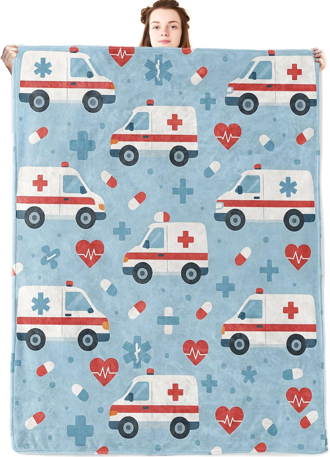 Ambulance Flannel Blanket,Cute Medical Theme Throw with Red Cross Car,Pill and Heart on Light Blue Background,Lightweight Fleece Blankets for Adults,Couch,Cabin,Bed,Camping Decor Gifts,8060in