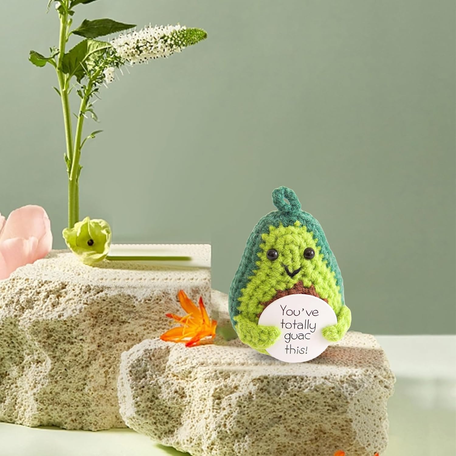 BULINGNA Funny Crochet Inspirational Potato with Positive Card, Cute Emotional Support Pickle Positive Dolls (Avocado, One Size)