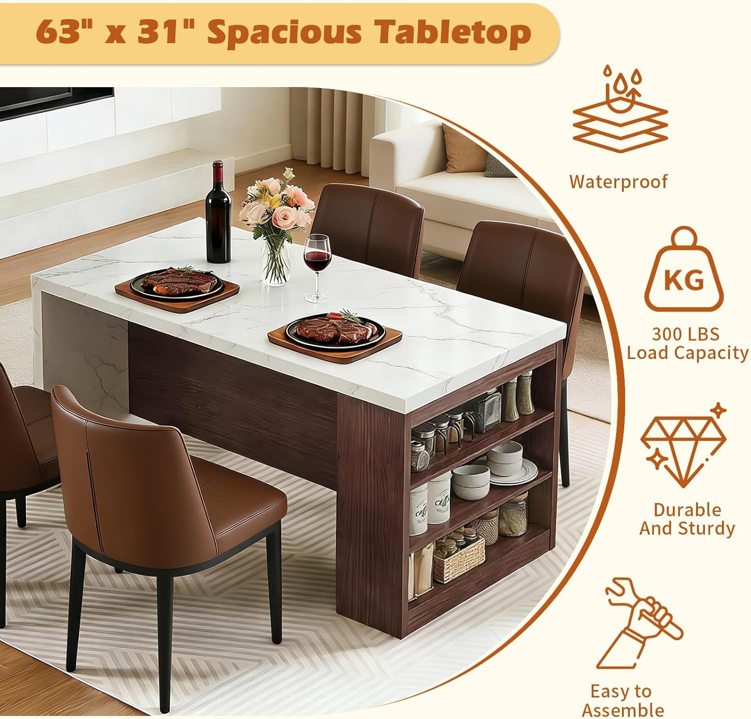 Faux Marble Dining Table, Rectangle Island Table with Storage Space, Power Outlet & LED Lights, Modern Imitation Marble Large Counter Height Dining Table for 4, 61"x31"x35.4"