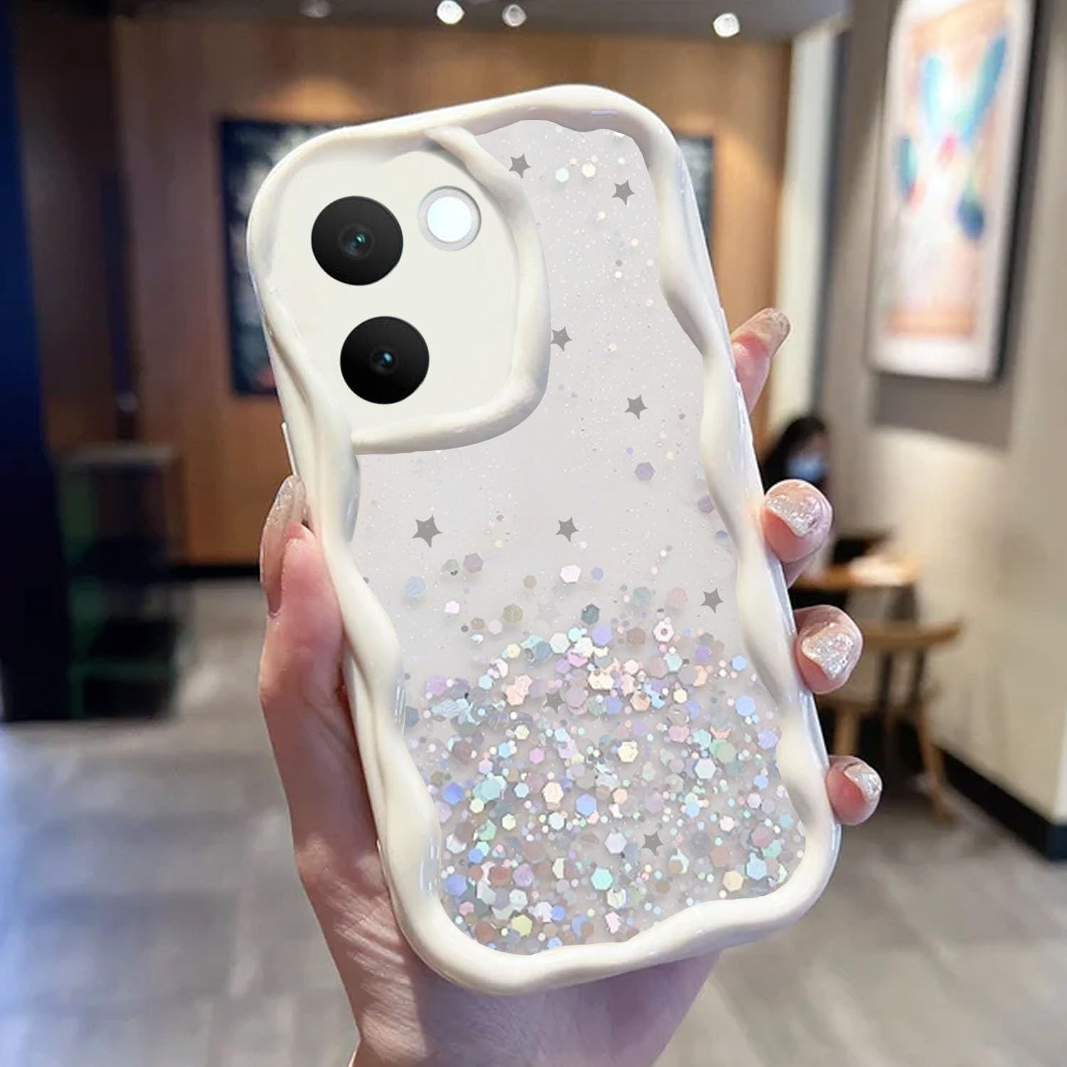 KC Back Cover for Vivo V30e 5G - Dry Fixed Non Moving Glitter Curly Wave Shape Shockproof Bumper Soft Silicone Case with Camera Protection (White) (B0D9T5WHT4) Amazon Price History, Amazon Price Tracker