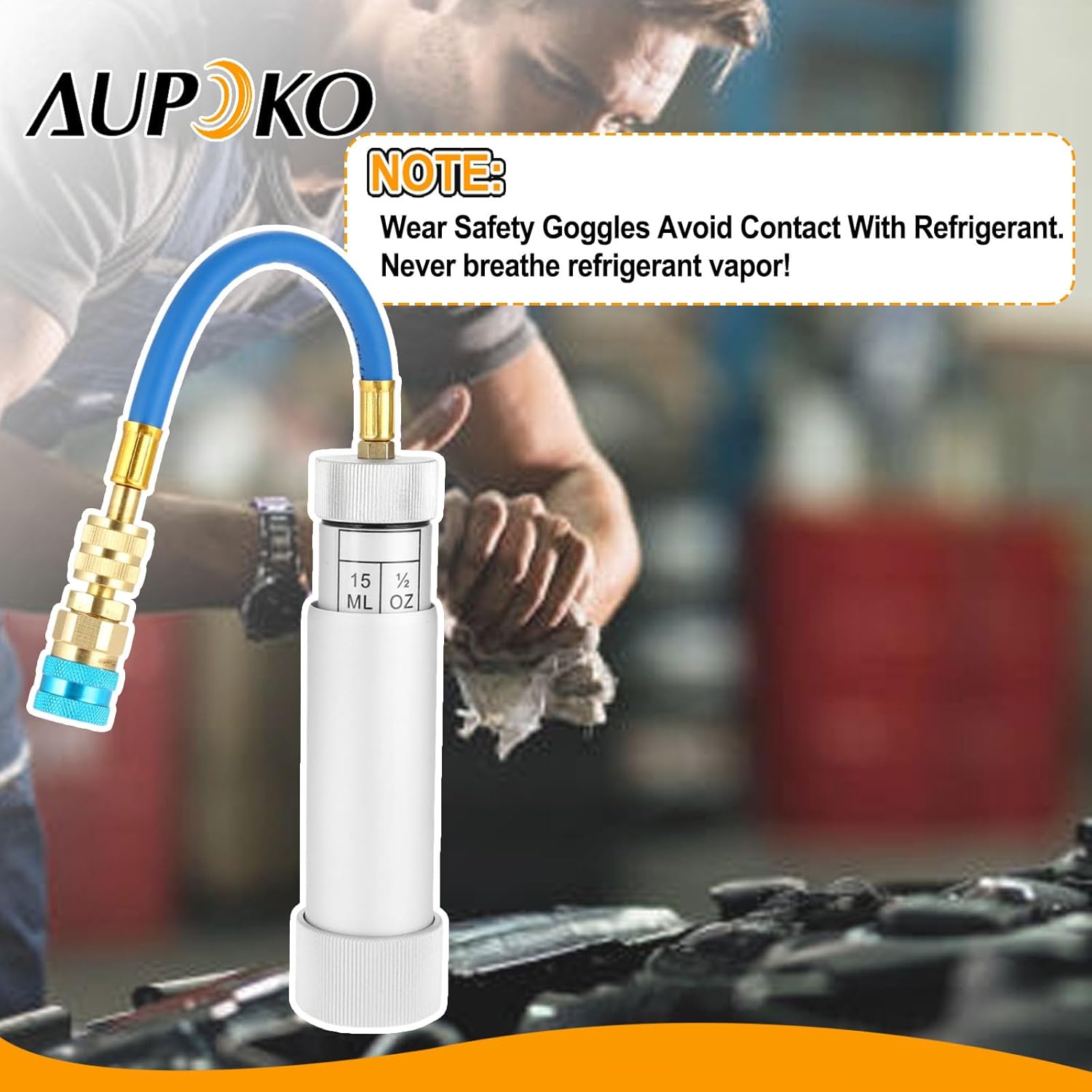 Aupoko AC Oil and Dye Injector with Snap Quick Coupler, 2 OZ Hand Turn Screw-in Type Oil Fluorescent UV Dyes Refrigerant for R410A, R134A, R22 and R12 Charger with 1/4" SAE Connector