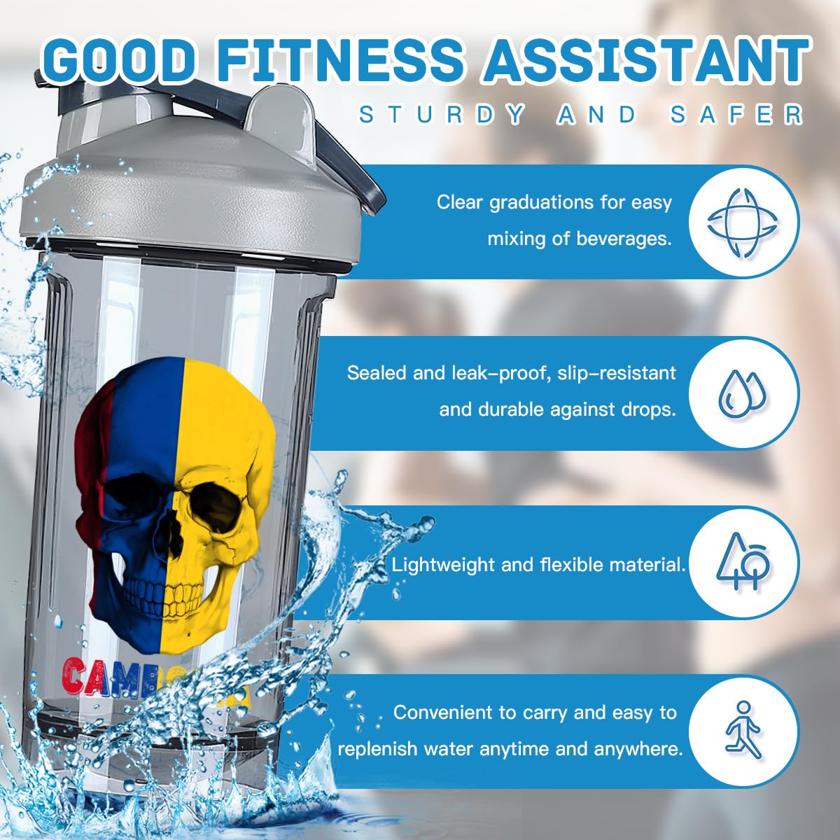 Skull Cambodian Flag 18 Ounce Shaker Cup,Fashion Theme Pattern Shaker Bottle Leak-proof Workout Shake Bottles 500ML/18 oz Perfect for Pre Workout-3-1