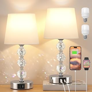 Crystal Touch Lamps Bedside Set of 2, Small Bedside Lamps with 3 Way Dimmable, Bedroom Lamps with White Fabric Shade for Living Room (LED Bulb Included)