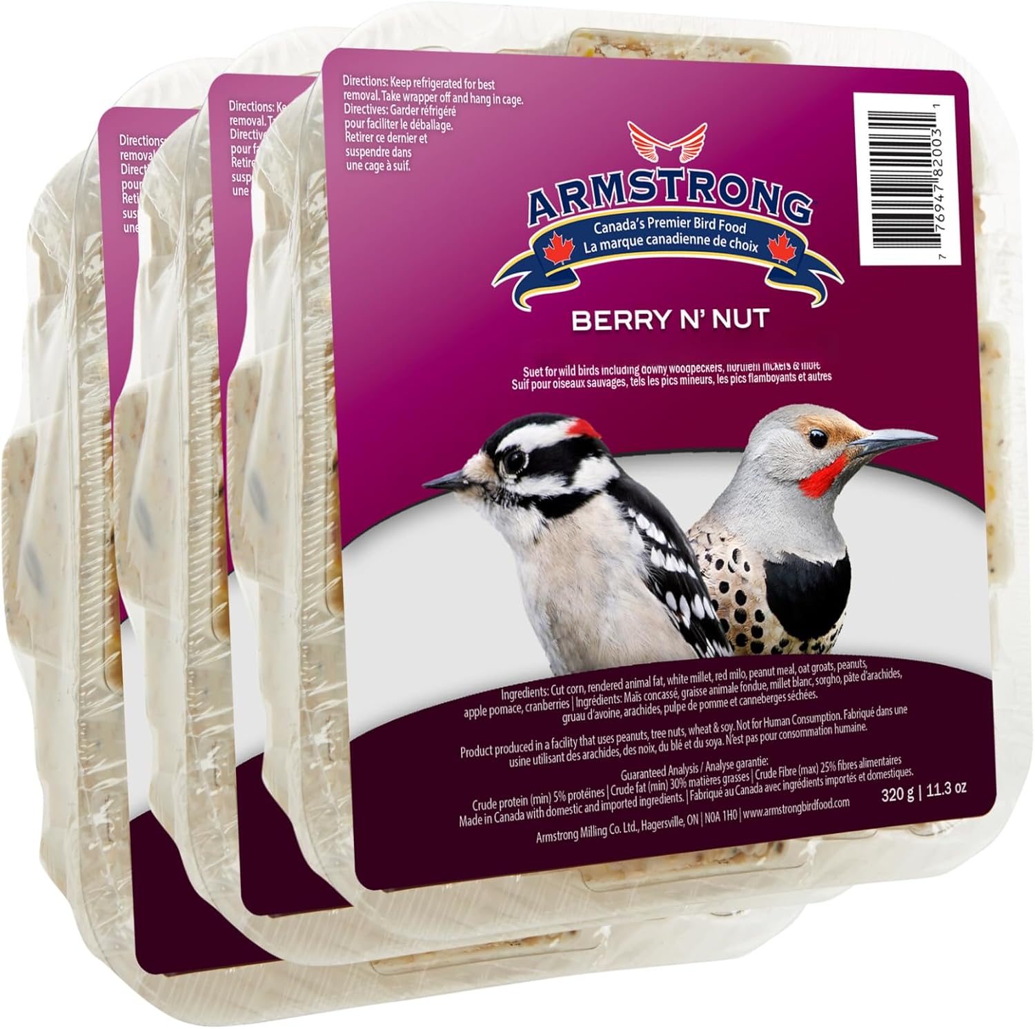 Armstrong Wild Bird Food Berry N’ Nut Suet Cake, 11.3 Ounces (Pack of 3) – with Cut Corn, Rendered Beef Fat, White Millet, Peanut Meal and Apple Pomace for Downy Woodpeckers and Northern Flickers