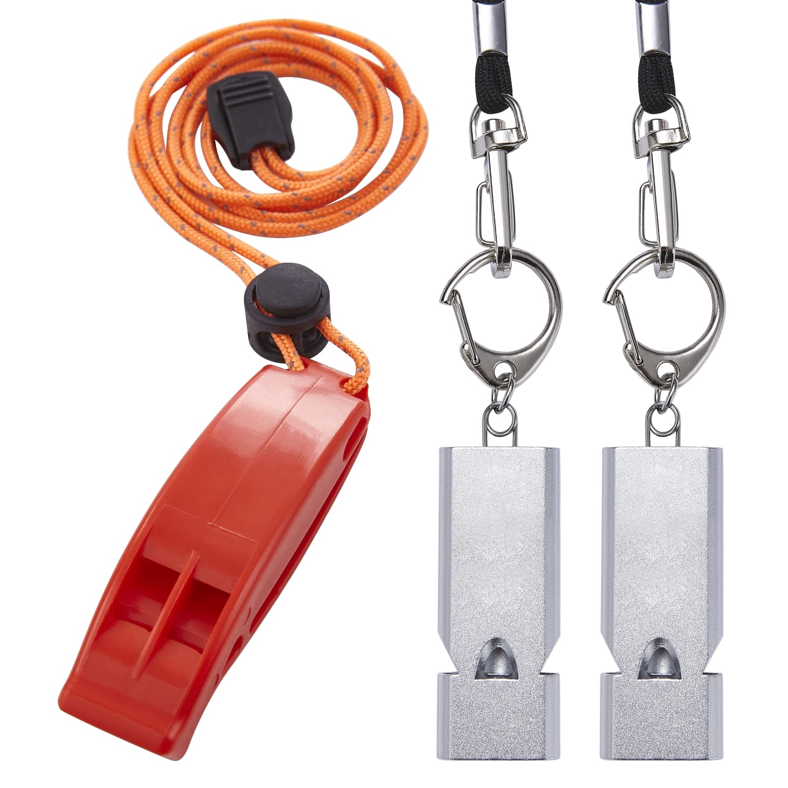 AINOORA Emergency Whistles with Lanyard, Three Tubes Safety Whistles 2 Pack and 1 Pack Plastic Survival Whistle Loudest for Kayak Hiking Camping Boating Outdoor Lifeguard Rescue Signaling (Red)