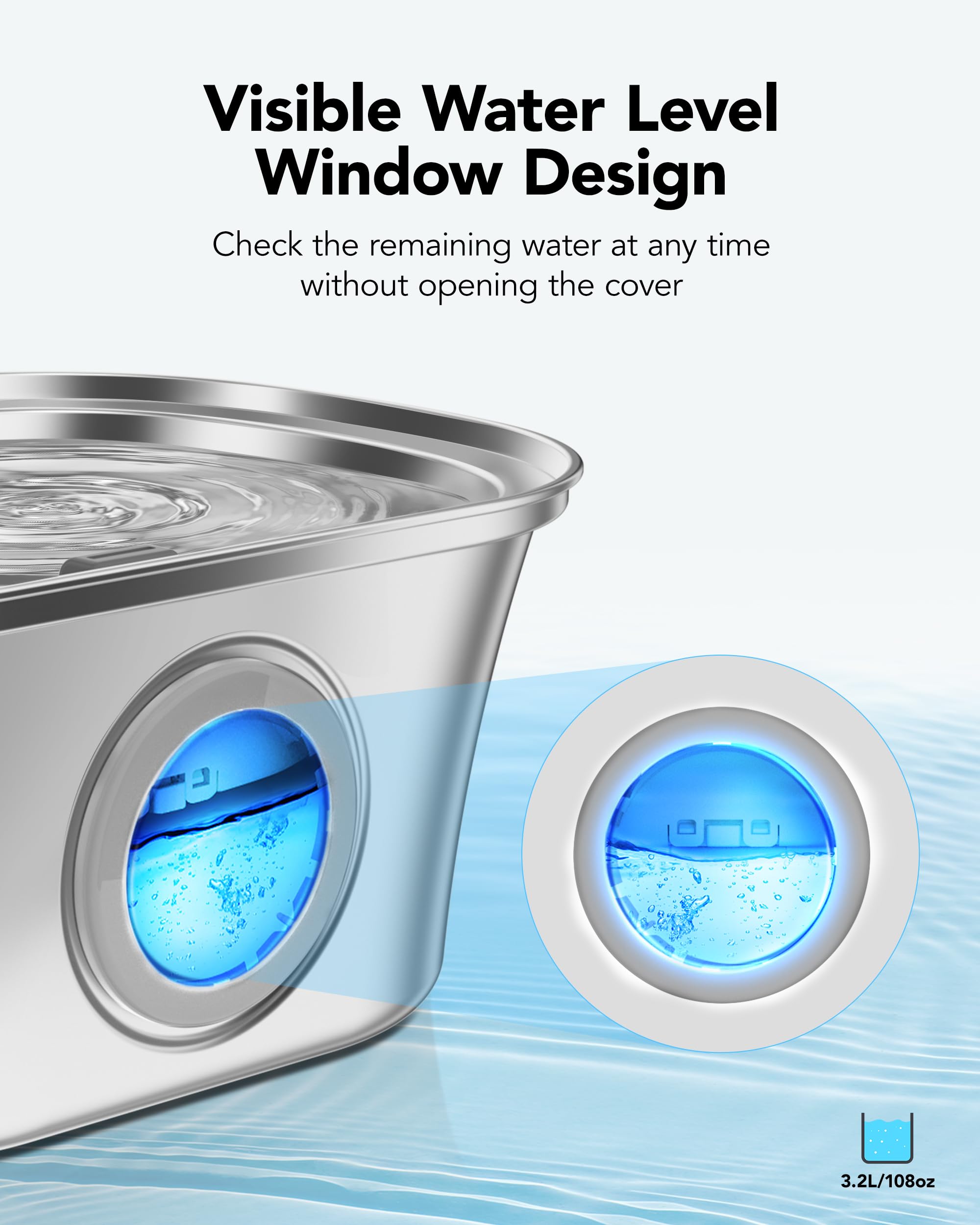 Cat Water Fountain with Water Level Window, HICC PULE 108oz/3.2L Stainless Steel Automatic Pet Water Fountain, Dishwasher Safe Dog Water Dispenser with Ultra-Quiet Pump, Multi-Filtration System - image 2