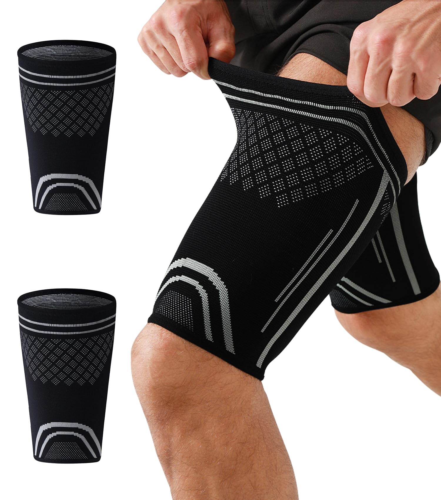 FVVWVV 1 Pair Thigh Compression Sleeve for Men and Women, Upper Leg Sleeves, Anti Slip Hamstring Compression Sleeve for Pulled Muscle Relief, Running, Workout, Sports Recovery (Black and White, Large)