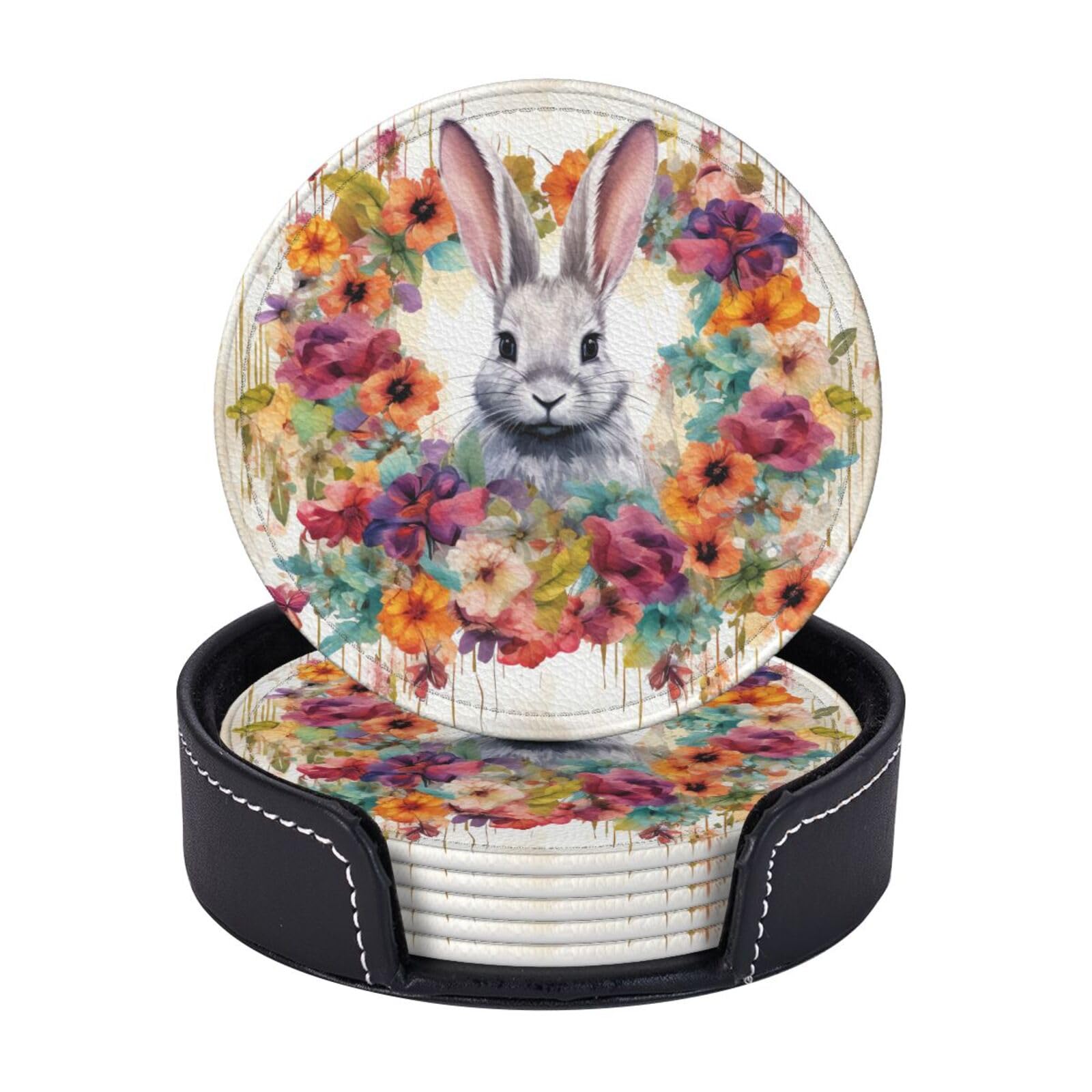 Round Coasters for Drinks Set of 6 - PU Leather Coasters with Holder - Modern Drink Coasters for Coffee Table - Watercolor Rabbit and Flowers Coaster for Tabletop Protection 4" Cup Mat Pad