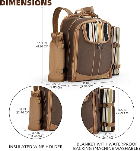 Miniatura 57 de apollo walker Mochila de picnic para 2 personas con compartimento refrigerador, soporte desmontable para botellas/vino, manta de vellón, platos