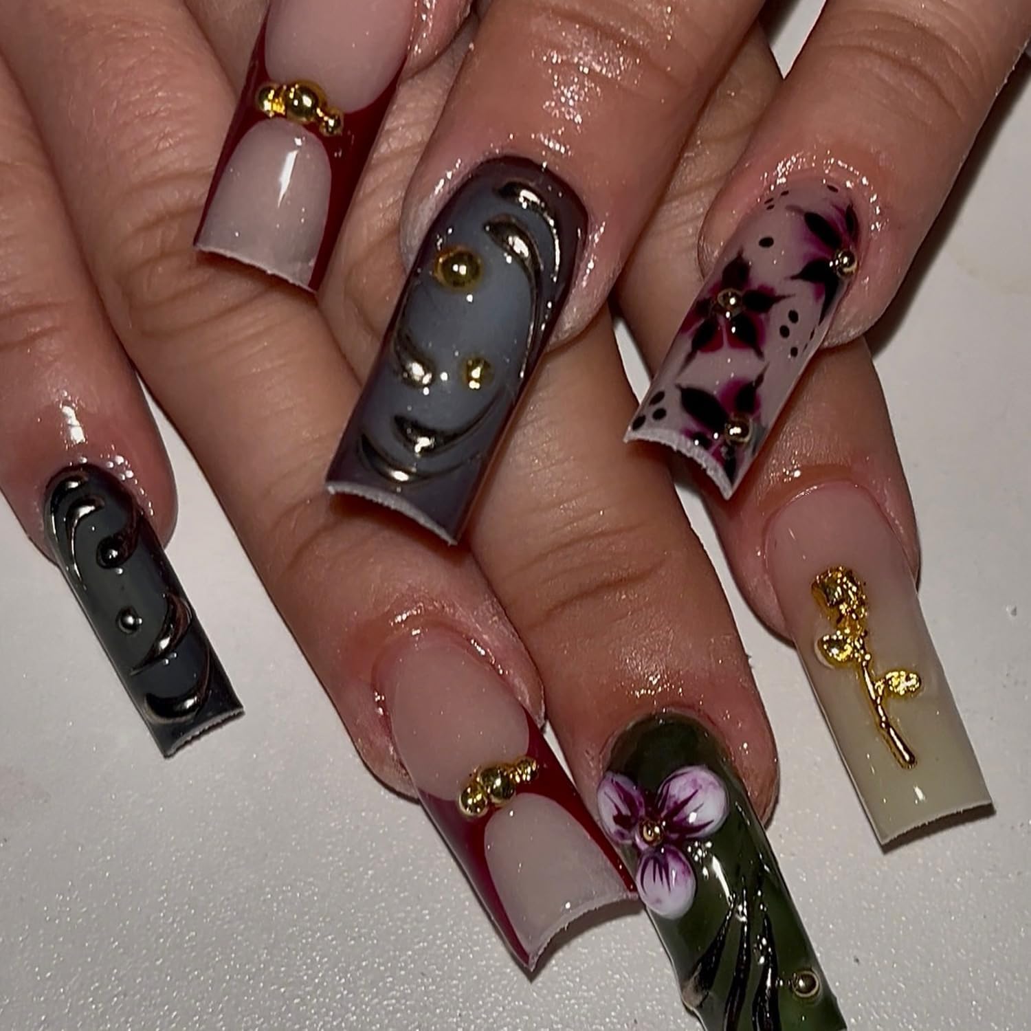 Long Square Press on Nails,Handmade Acrylic Press on Nails with Designs，Long Press on Nail for Women 24pcs