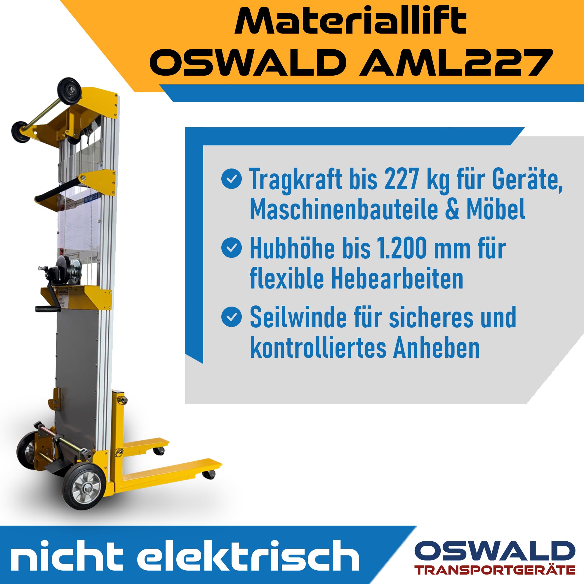 Materiallift AML227 mit Seilwinde - 227 kg Tragkraft - 1.200 mm Hubhöhe - Handstapler