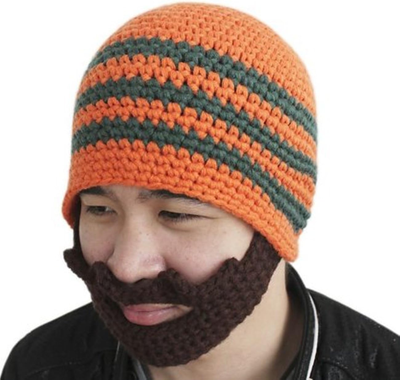 Men Beard Beanie Handmade Winter Hat Outdoor Face Warmer (Orange)