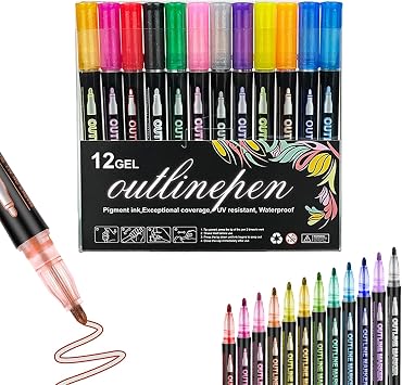 Outline Markers Self-Outline Metallic Markers,Dreamy Sparkle Dual-Line Contour Pen,Outline Shimmer Markers,Self Outlining Glitter Markers,Quick-Dry Ink For Drawing, Coloring & Diy Crafts 12PCS