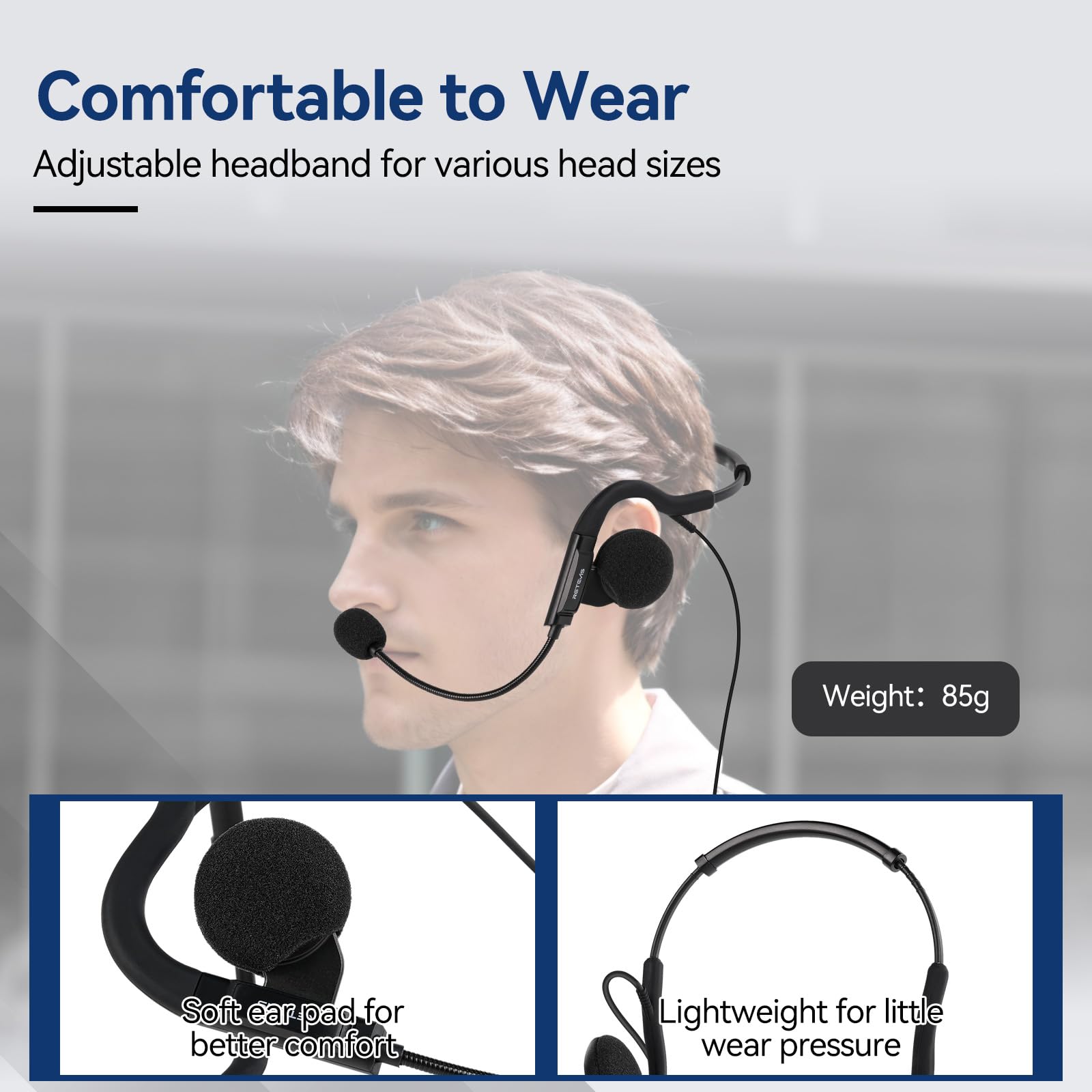 Retevis Walkie Talkie-hoofdtelefoon, Overhead-Headset, 2-pins Radio-Oortelefoon met PTT Draaibare Microfoon, Compatibel met Baofeng UV-5R eSynic Retevis RT24 RT27 RT668 RT622 Radio-Headset (1 stuks