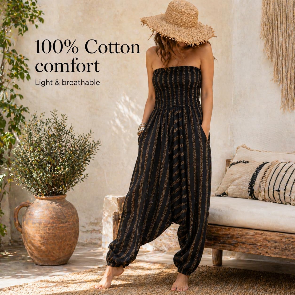 likemary Tuta Jumpsuit Donna in Cotone Stile Harem - Tirare giu e Trasformare in Pantaloni Harem - 2-in-1 Vestito - Tuta Intera Estiva & Pantaloni Harem con Tasche Ideale Per Le Vacanze