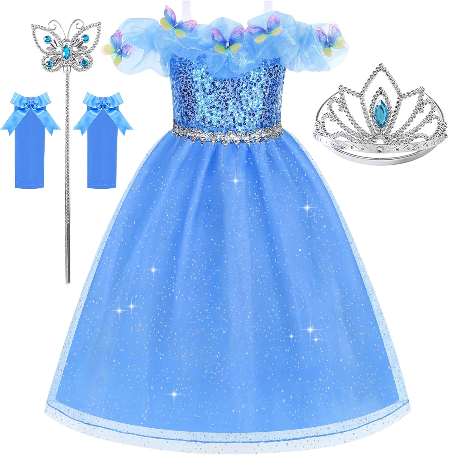 Princess dress for Girls Butterfly Princess Costume Glittering Blue Fancy Dress Up for Halloween Cosplay Party
