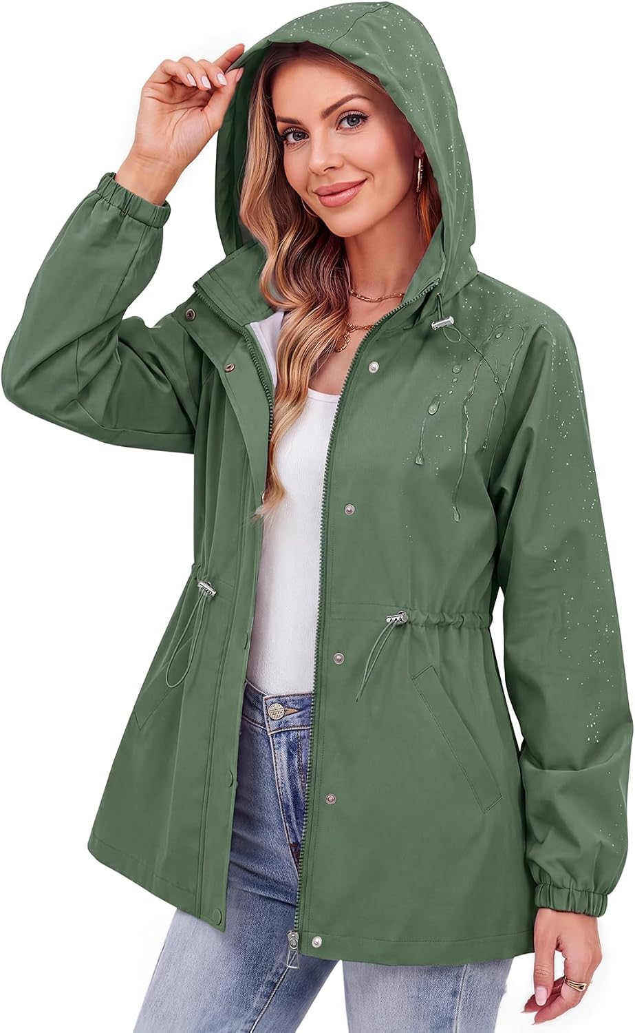 Zando Lightweight Hooded Rain Jacket Women Waterproof Raincoat | Travel Rain Coats for Women, Light Windbreaker Jacket with Hood, Outdoor Trench Coat for Hiking, Commute and Daily Wear