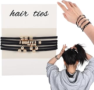 女性用ボーホーヘアタイブレスレット5点、女性用ブレスレットヘアタイ、レディースガールズ用ヘアタイ、ゴールドビーズとペンダント付き装飾ヘアタイブレスレット、ダメージなし、ギフト用伸縮自在ボーホーヘアタイ(ブラック)