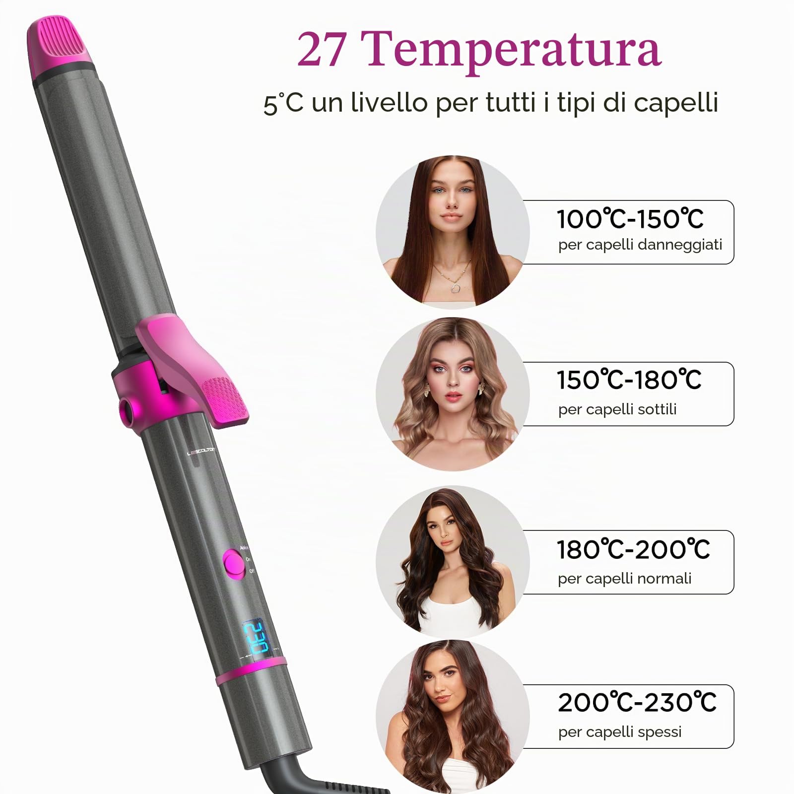 Piastra per Capelli e Arricciacapelli 2 in 1, rivestimento nano-titanio, curler Iron con display LCD, 27 temperatura regolabile, 00-230 ℃ ricci e levigatura Spazzola Phon (Magenta)