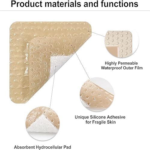 Miniatura 7 de Carbou Apósito de espuma de silicona con borde suave adhesivo, apósito impermeable para heridas de 2 x 2 pulgadas, vendaje de heridas de alta
