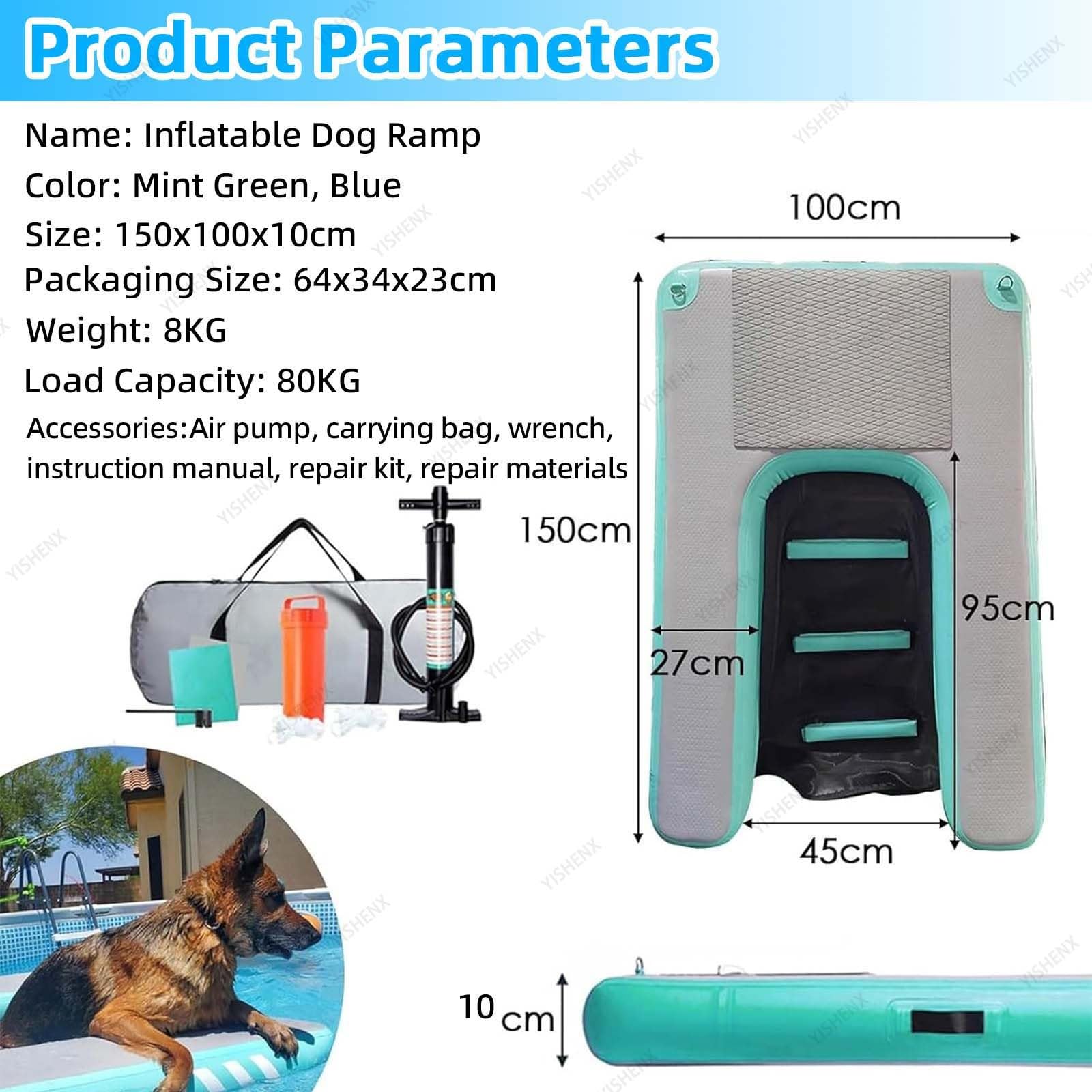 Rampa De Agua para Perros, 150 × 100 × 10 Cm, Inflado Rápido (2-3 Min), Material De PVC, Malla Resistente a Desgarros Y Arañazos, Incluye Bomba De Aire, (Blue)