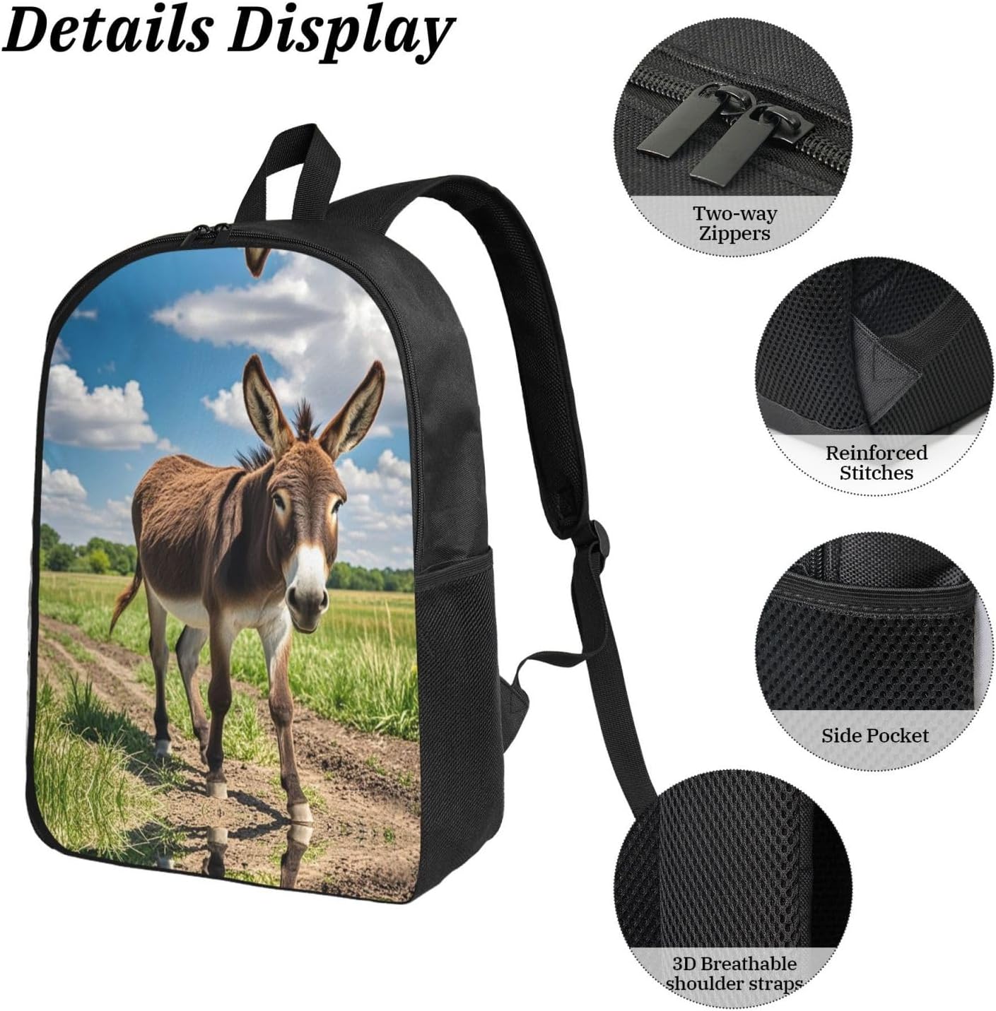 Funny Donkey (2) Backpack Set 3 PCS - 17 Inch Laptop Backpack with Lunch Bag, Waterproof Daypack Insulated Lunch Box Large Capacity Coin Pouch Personalized Gift image 5