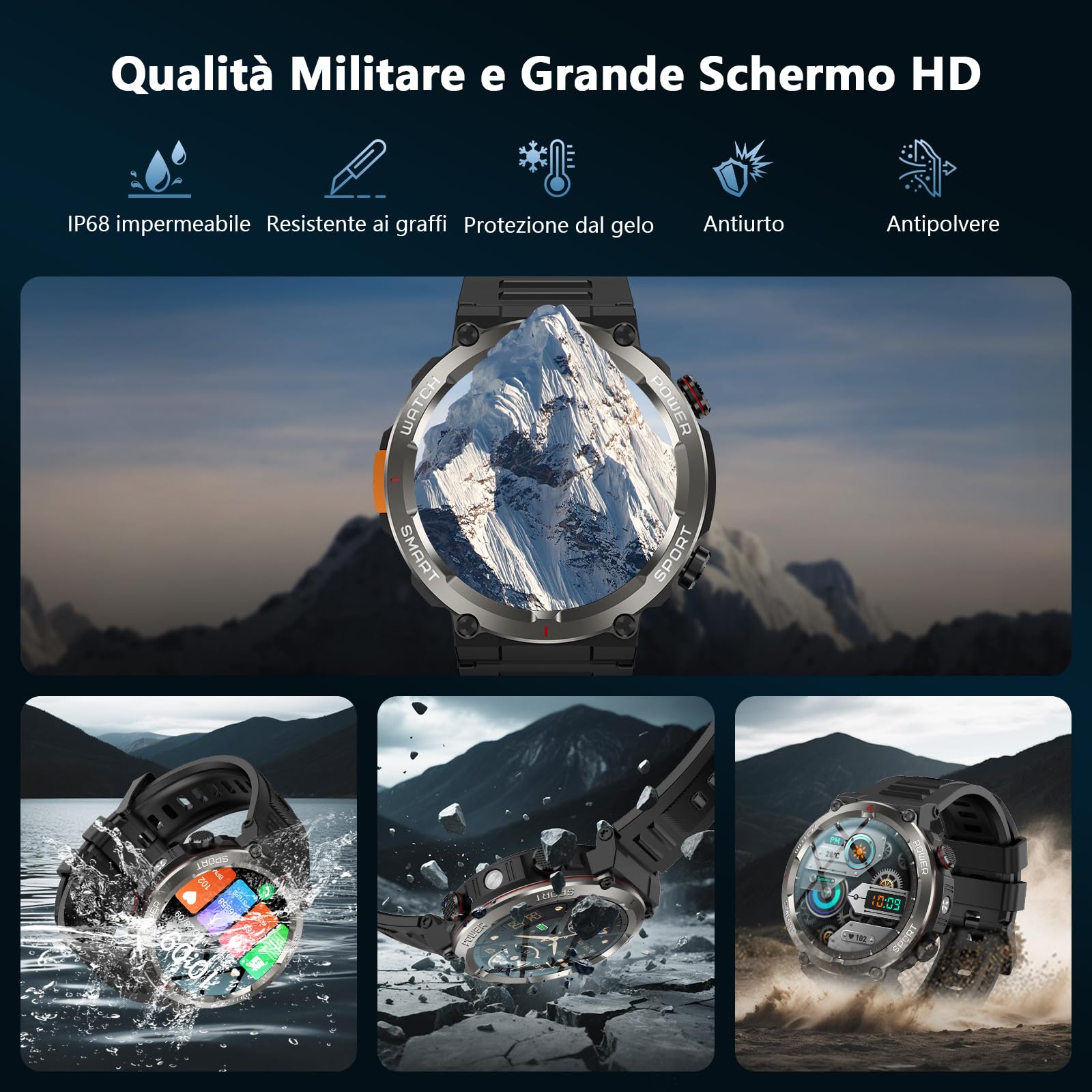 IOWODO Smartwatch Uomo Militare 1.45" con Chiamate Bluetooth, Batteria 960mAh, Torcia LED, Bussola, IP68 Impermeabile, Monitoraggio Cuore/Ossigeno nel Sangue/Sonno, 100+ Modalità Sportive, 2 Cinturini
