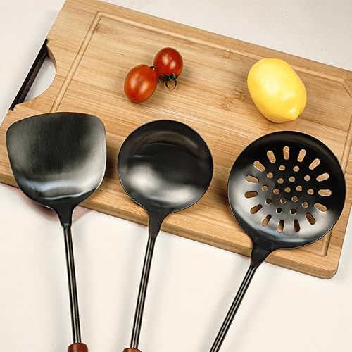 Miniatura 6 de FJNATINH Wok espátula y cucharón,Juego de herramientas de cucharón de espumadera, espátula de 17 pulgadas para wok, espátula de wok de acero