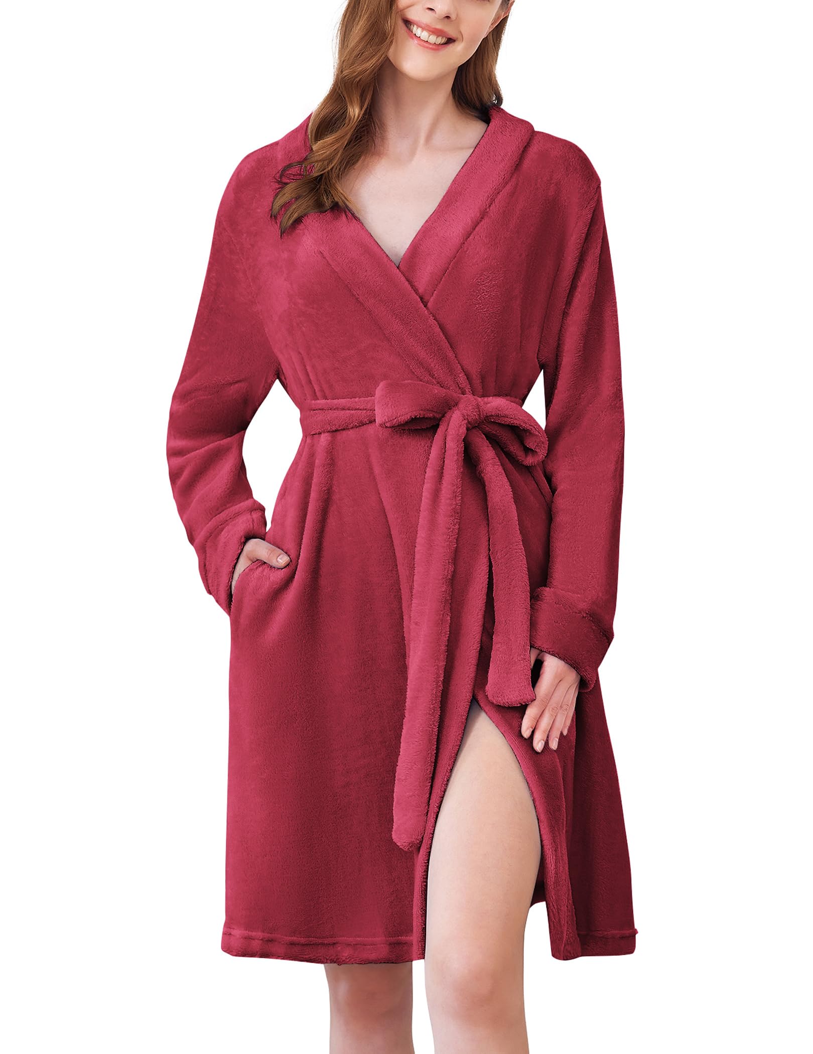 Snapklik.com : Womens Fleece Robes Knee Length Soft Bathrobe V Neck ...