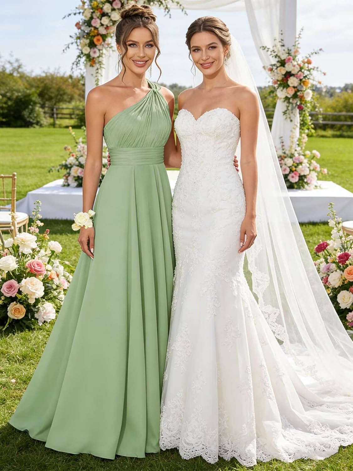 One Shoulder Bridesmaid Dresses for Women A Line Long Formal Dress Evening Gown with Pockets