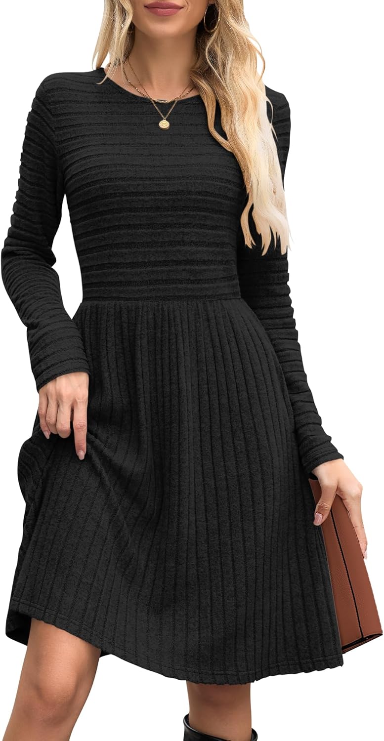 WNEEDU Fall Dresses for Women 2025 Long Sleeve Sweater Dress with Pockets - Casual Knit Crew Neck Winter Outfits